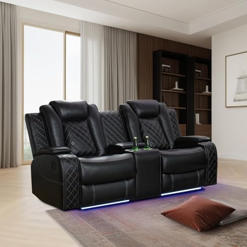 Power Recliner Set with LED Lights, Air Leather Reclining Set with USB by Unknown