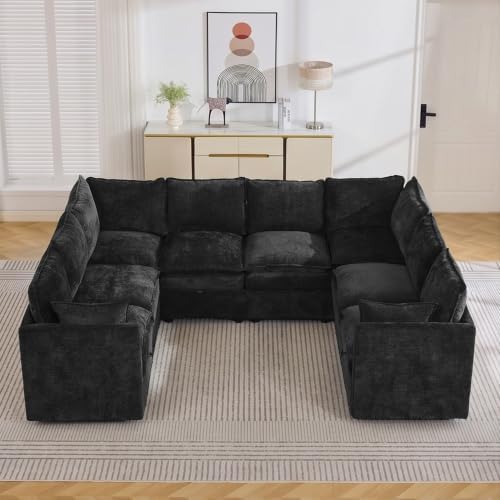105" Black Oversized Modular Storage Sofa, U Shaped Chenille Cloud Couch by Abbrevi