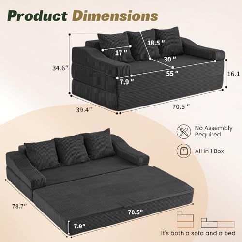 YOUDENOVA 78.7" Folding Convertible Sofa Bed, Boneless Sleeper Sofa Couch - Image 2