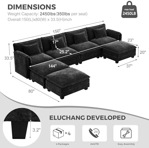 ELUCHANG 153" Oversized Modular Sectional Sofa, Comfy Chenille Cloud Couch - Image 2
