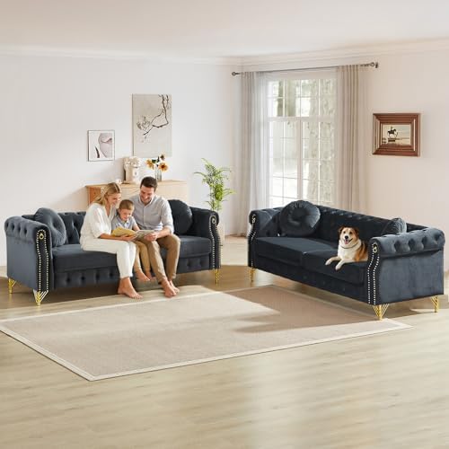 JEEOHEY 2 Pieces Mid Century Modern Chesterfield Sofa Set, Upholstered Button - Image 3
