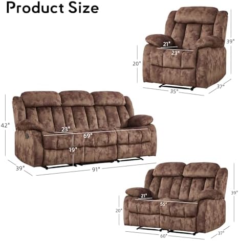 EBELLO Manual Reclining Sofa Set, Classic Recliner Sofa - Image 2
