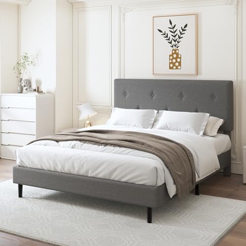 Full Size Linen Bed Frame with Adjustable Headboard Grey - Image 5