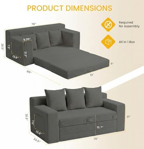 Boneless Couch, 3 Seater Boneless Couch Bed – 3-in-1 Convertible Sleeper Sofa - Image 3