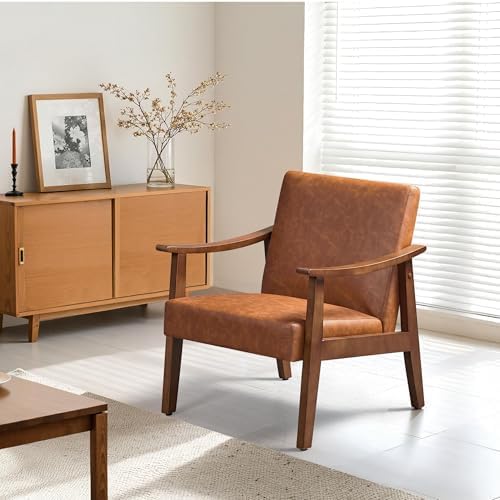 Yaheetech Accent Chairs, Mid-Century Faux Leather Armchairs, Light Brown - Image 4
