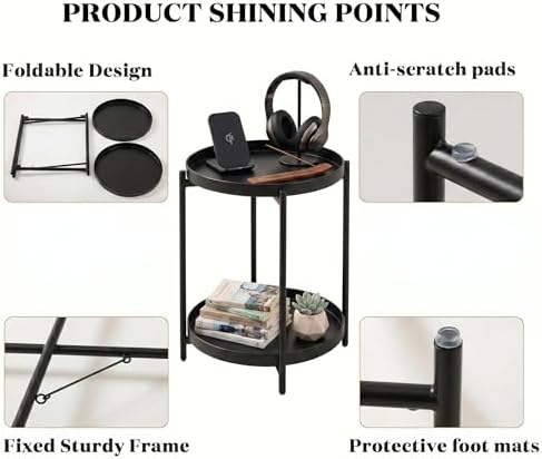 TeoKJ 2 Tier Round Side Table, Folding Round Metal End Table Small Nightstand - Image 4