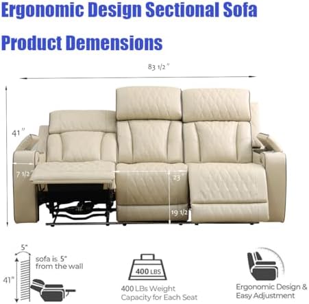 Brown Power Reclining Sectional Sofa, Leather Recliner Sectional Sofa, Power - Image 4