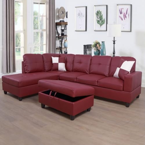 Red L-Shaped 3-Piece Faux Leather Sofa by UOCFYK