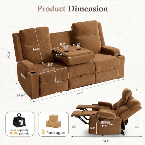 3 Seater Recliner Sofa with Console, RV Loveseat Reclining Couch with Drop Down - Image 2
