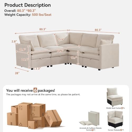 80" Beige Modular Storage Sofa, V Shaped Chenille Cloud Couch - Image 2