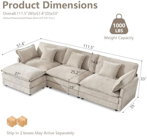 GNIXUU 112" Camel Modular L Shaped Cloud Sectional Couches - Image 2