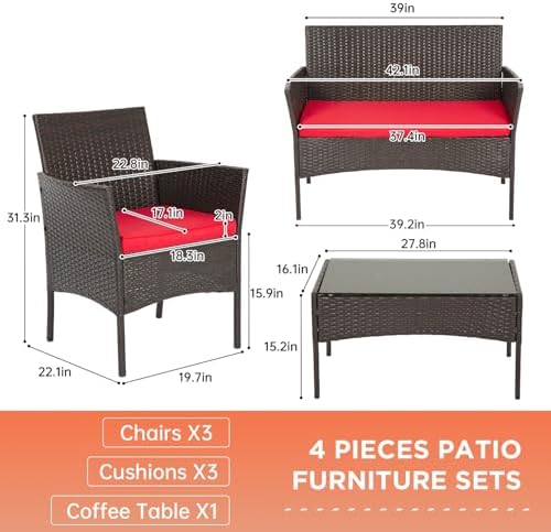 FDW 4-Piece Patio Furniture Set | Brown & Red | Outdoor Wicker Furniture - Image 7