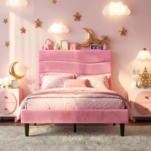 EnHomee Twin Bed Frames with Upholstered Headboard & Charging Station by EnHomee