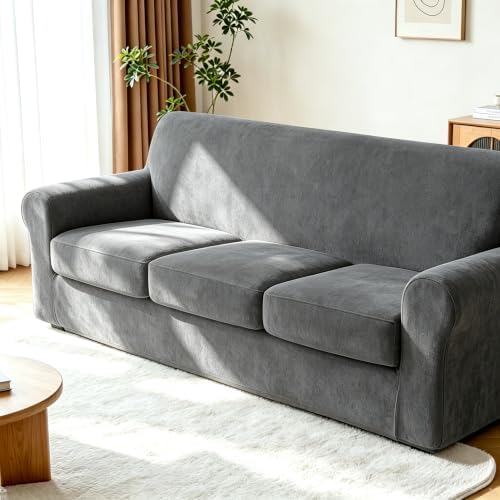 Luxury Velvet Sofa Covers for 3 Cushion Couch, Dark Grey by HOMECOVER
