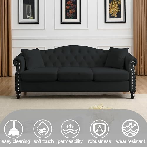 2 Piece Black Velvet 79" 3-Seater and 57" Loveseat Sofa Sets, Chesterfield - Image 7