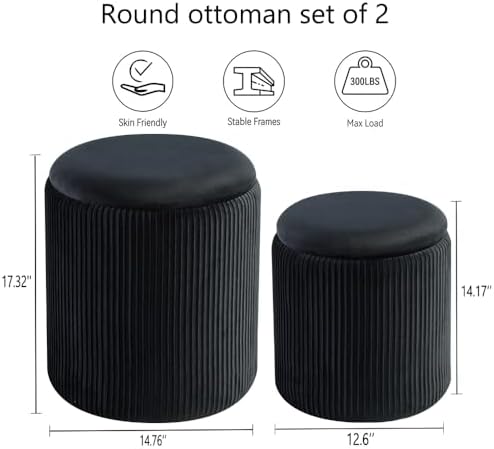 BLEXA Round Storage Ottoman, Velvet Vanity Stool - Image 2
