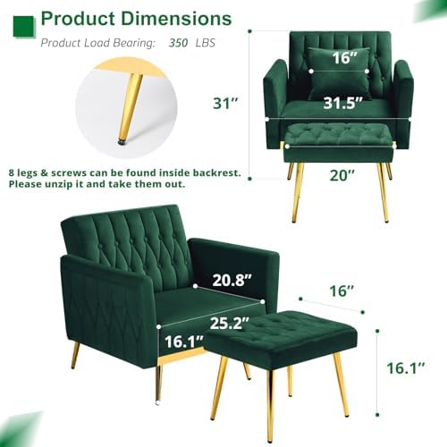 Velvet Accent Chair w/Ottoman & Adjustable Backrest - Image 3
