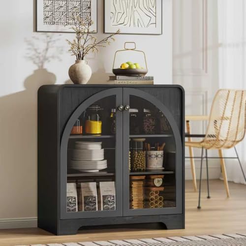 Sideboard Buffet Cabinet with Storage, Arched Glass Doors and Adjustable Shelves - Image 3