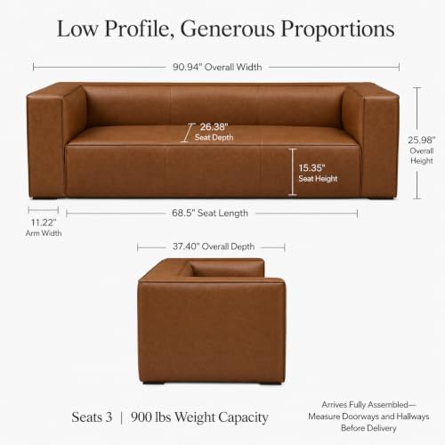 90.94-Inch Cognac Tan Faux Leather Sofa, Modern 3-Seater Couch - Image 3