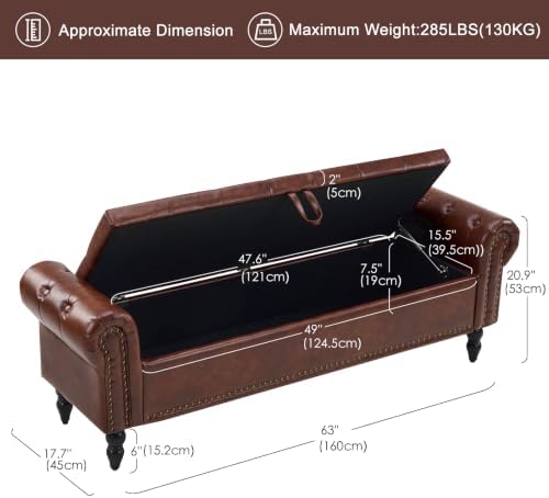 Furniliving 63” End of Bed Storage Bench, Bedroom Bench - Image 3