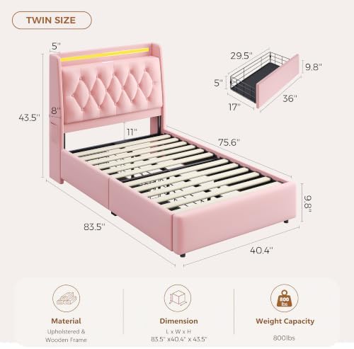 Jocoevol Twin LED Velvet Bed Frame - Image 2