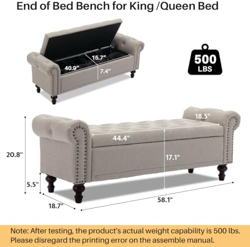 SOFTHION 58.1" Storage Bench for Bedroom, Linen Upholstered, Light Brown - Image 2