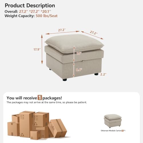 27" Beige Faux Leather Storage Ottoman, Large Square Footrest - Image 2