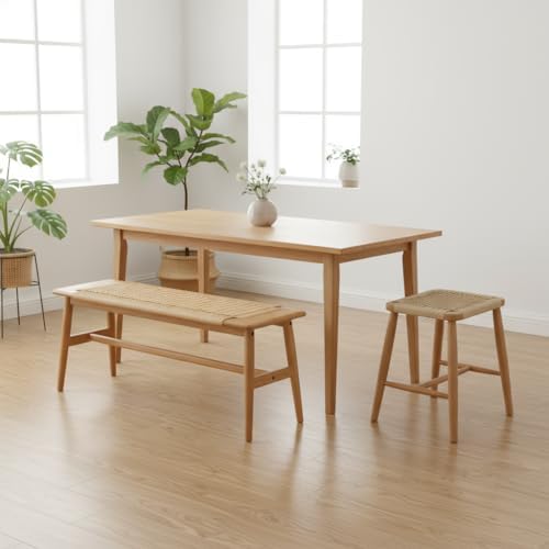 100% Solid Oak Wood Woven Dining Bench - Image 4