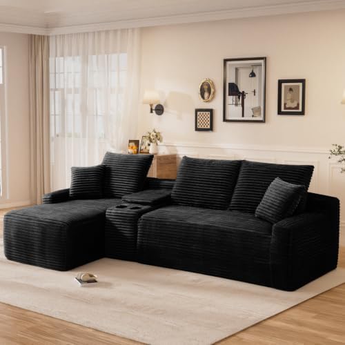 95" L Shaped Cloud Couch Modular Sectional Sofa, Comfy Fluffy Corduroy Black - Image 3
