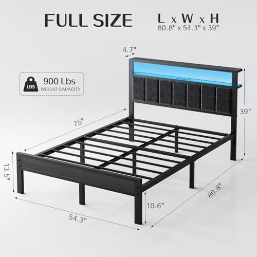 OLEVS Full Size Bed Frame with LED Lights & Charging Station, Modern Platform - Image 2