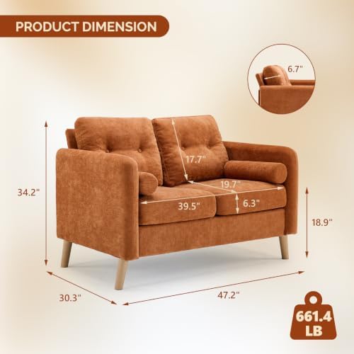 VINGLI 47" Orange 2 Seater Chenille Sofa - Image 2