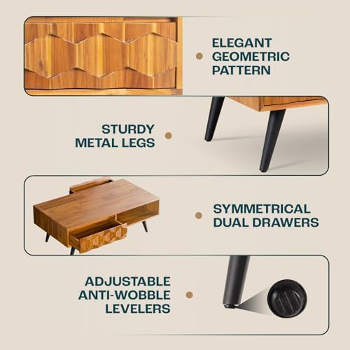 Bme Georgina Solid Wood Coffee Table, 2 Drawers & Open Shelves, Teak Brown - Image 4