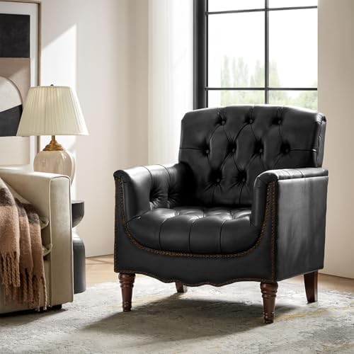 HULALA HOME Mid Century Modern Genuine Leather Accent Chair by HULALAHOME