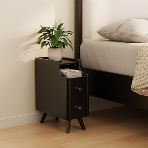 AQIMUELE Small Nightstand with Drawers, Solid Wood Narrow Bedside Table by AQIMUELE