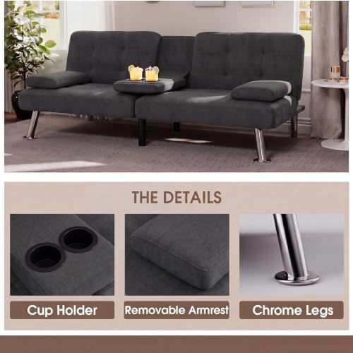 Flamaker Futon Sofa Bed, Modern Linen Convertible Folding Futon Set - Image 5