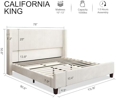 HOWE California King Upholstered Bed Frame, Tall Corduroy Headboard - Image 2