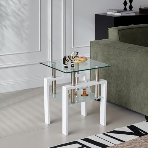 Glass End Table Tea Table with Shelf Side Table with Metal Legs Modern Small - Image 2