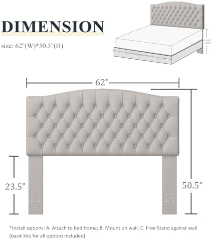 Furpopup Velvet Queen Size Headboard Only Upholstered Wall Mount Light Gray - Image 2