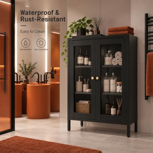 Black Metal Bathroom Glass Storage Cabinet, 2 Doors - Image 5