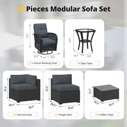 Aoxun Patio Furniture Set with Swivel Rocker Chairs, 10 Piece Outdoor Sectional - Image 3