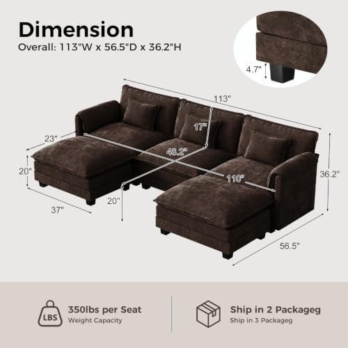 ELUCHANG 116" Oversized Modular Sectional Sofa, Comfy Chenille Cloud Couch - Image 2