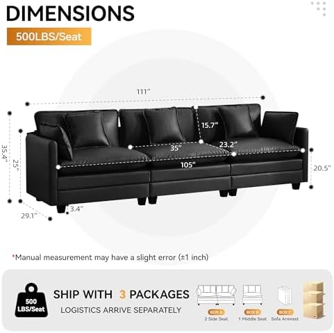 111'' Sectional Cloud Deep Seat Couch, Modern Comfy Leather Modular Sectional - Image 2