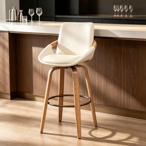 25.2" Swivel Bar Stool with Back Cream White Leather Kitchen Barstool Chair by LUNLING