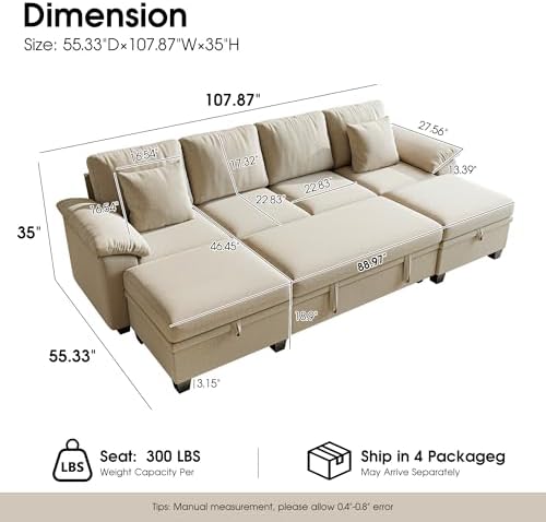 107.8" Modular Sectional Sleeper Sofa Bed, U Shaped 6 Seat Pull Out Couch - Image 2