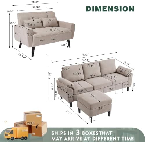 79" Convertible Sectional Sofa Set, Modern Linen Small L Shaped Couch - Image 2