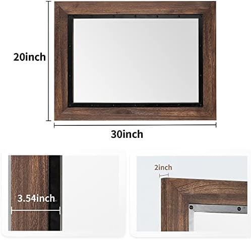 YOSHOOT Rustic Wooden Framed Wall Mirror, Natural Wood and Iron Bathroom Vanity - Image 3