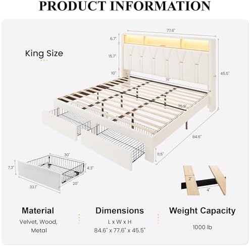 SHA CERLIN King Bed Frame, 2 Storage Drawers & 2-Tier Storage Headboard - Image 2