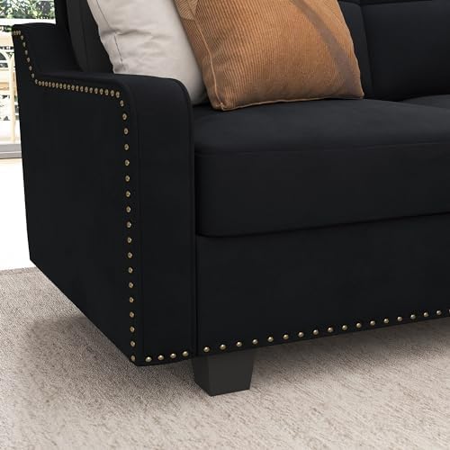 HONBAY Convertible Sectional Sofa L Shaped Couch, Velvet Black - Image 5