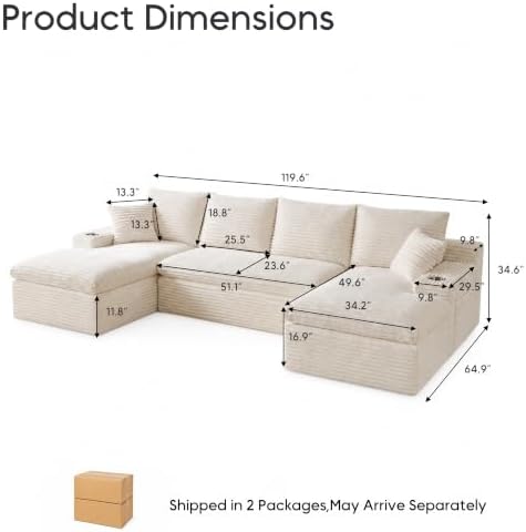 120" Modular Sectional Sofa, U-Shape Boneless Couch - Image 2