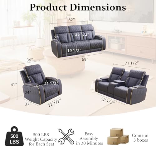 3-Piece Power Recliner Sofa Sets, Leather Reclining Couch Set - Image 2